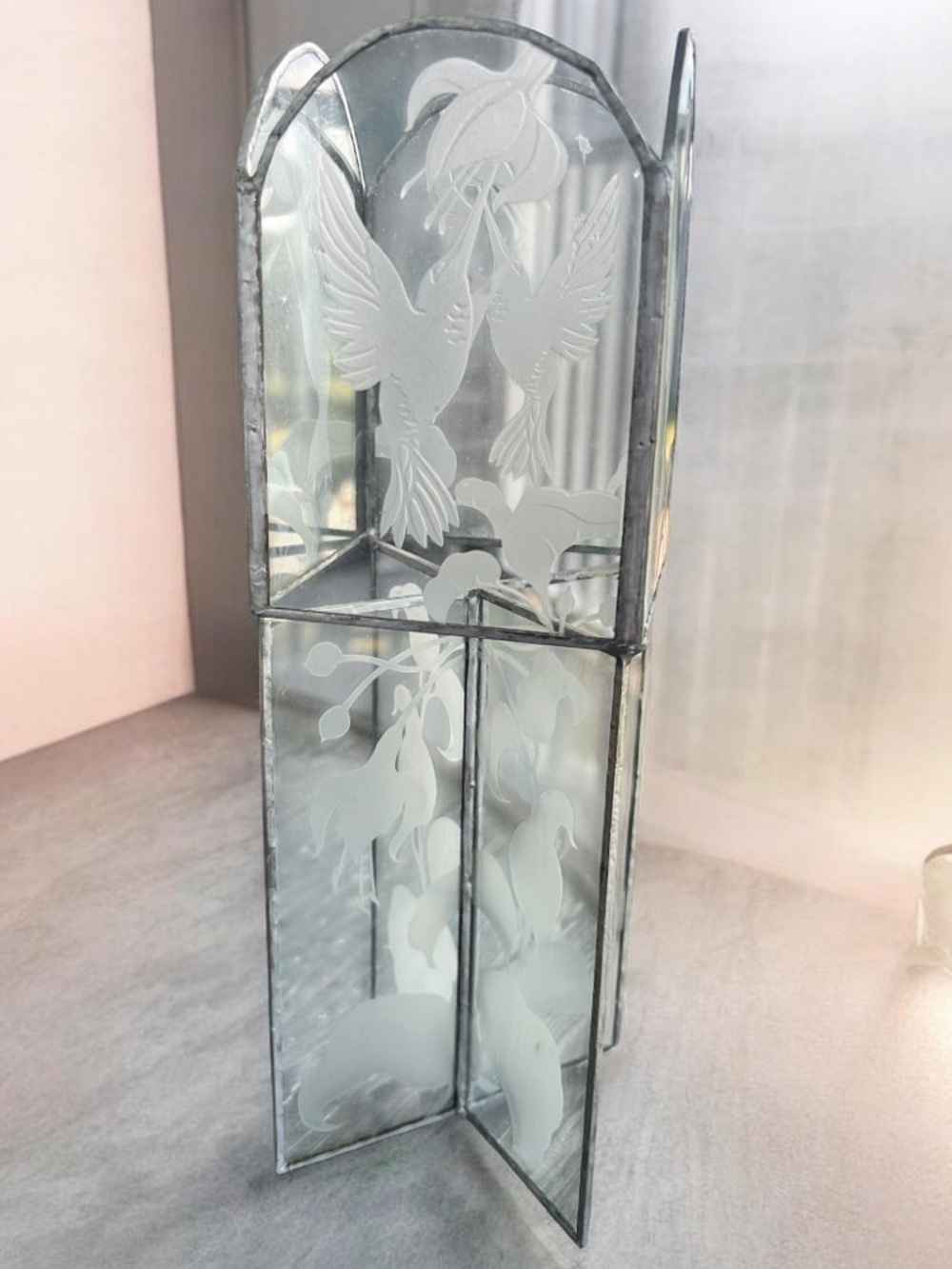 Vintage Etched Beveled Panel Glass Hummingbird Candle Holder